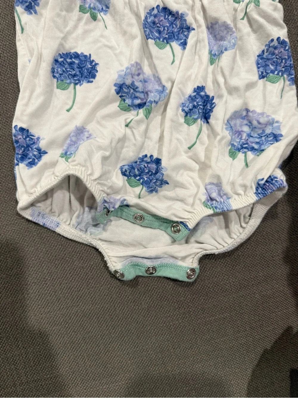 Kyte BABY White Romper with Blue Hydrangea and Mint Trim